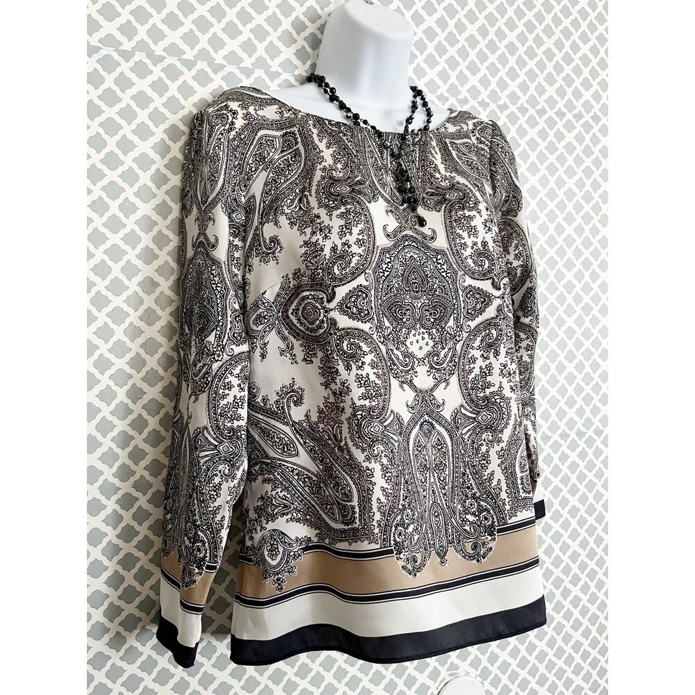 Talbots Paisley Print Blouse Beige Black White Size 2 - Picture 5 of 8